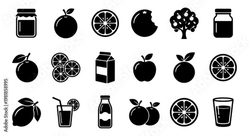 Minimalist orange fruit icon set, 18 black citrus and juice vector elements, organic food symbols for packaging and healthy lifestyle branding