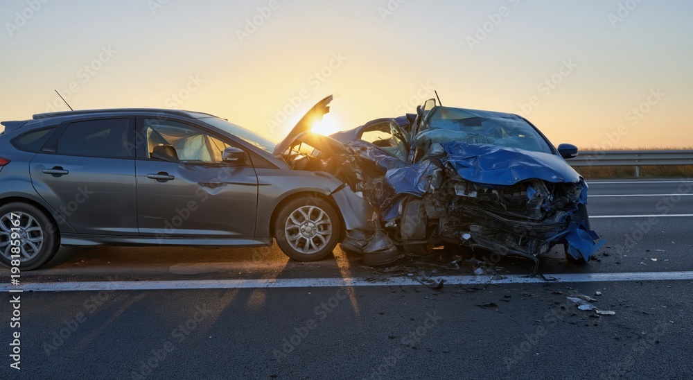 Fototapeta premium Car accident on the highway at sunset