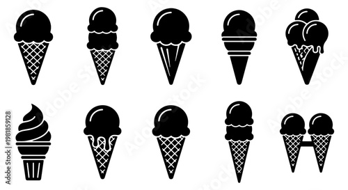 Minimalist ice cream cone icons set, black silhouette frozen dessert symbols, 10 vector elements for cafe menus and summer food branding