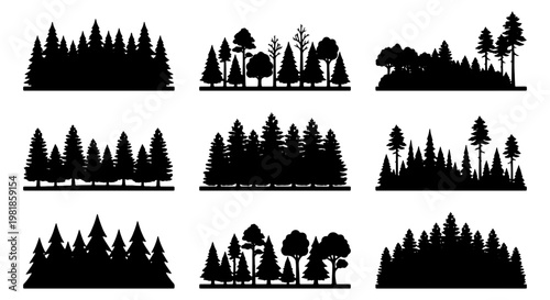 Pine forest silhouette collection, 9 evergreen tree line vector elements, black coniferous woodland landscape borders for outdoor design