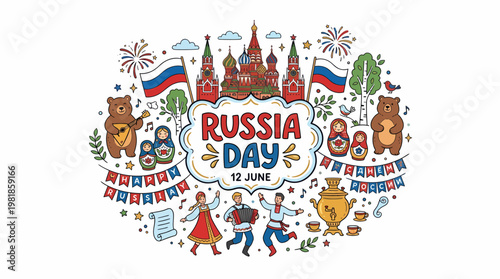 Russia Day Celebration: Kremlin, Flags, Matryoshka, Samovar