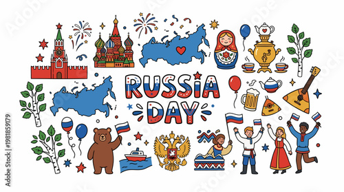 Russia Day Celebration Elements: Kremlin, Map, Matryoshka, Samovar