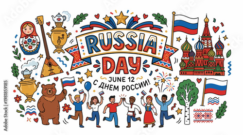 Russia Day Celebration with Traditional Symbols and People