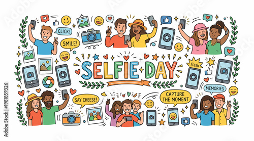Selfie Day Celebration - Friends Taking Selfies with Phones and Cameras