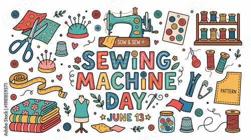 Sewing Machine Day June 13 - Illustration with Vintage Sewing Elements