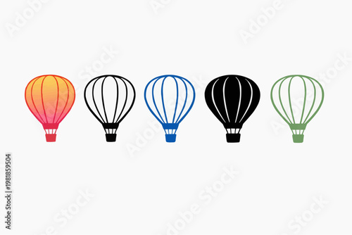 Colorful Hot Air Balloons Lineup: A vibrant illustration showcasing a row of distinctively colored hot air balloons, offering a sense of adventure, travel and exploration.