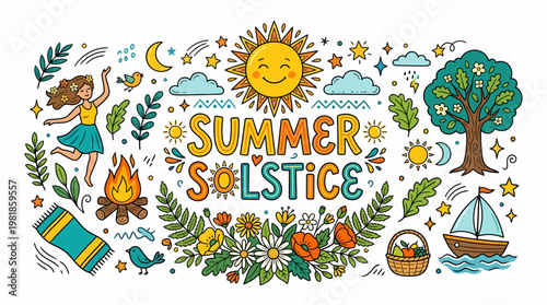 Summer Solstice Celebration - Nature, Sun, Joyful Girl, Bonfire
