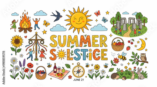 Summer Solstice Celebration Cartoon Elements