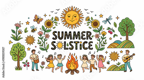 Summer Solstice Celebration with Sun, People Dancing, and Nature