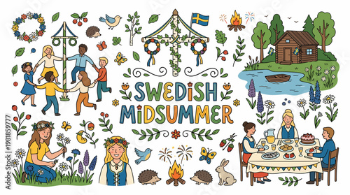 Swedish Midsummer Celebration with People, Food, and Nature