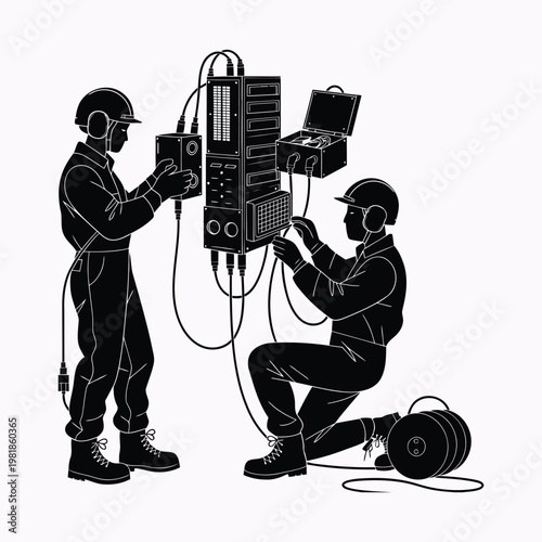 Two technicians in hard hats and work clothes connecting wires to electronic equipment