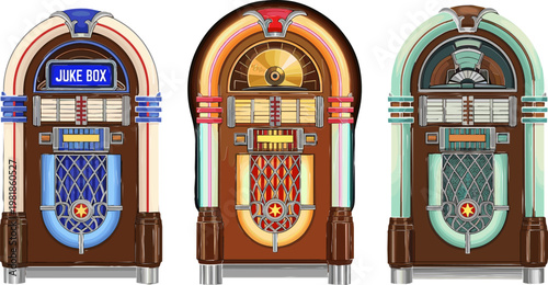 Vintage Jukebox Set with Retro Music Machines in Colorful Designs for Classic Audio, Nostalgia Theme and Entertainment Illustration