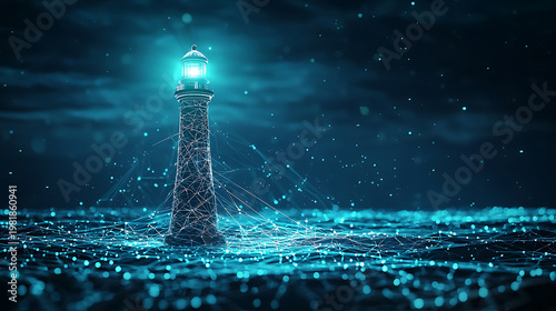 Illuminating Lighthouse Guiding Through Digital Ocean Waves.