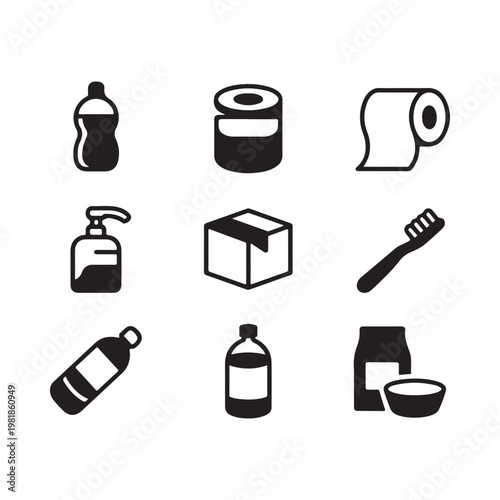 Simple black and white icons depicting various bathroom and hygiene related objects displayed neatly