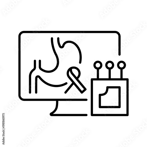 Ai cancer diagnosis icon. Healthcare and oncology line symbol. Black and white.