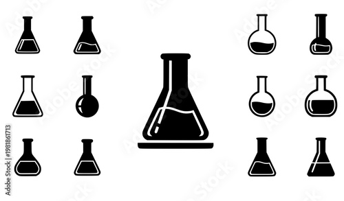 Minimal Erlenmeyer flask icon set chemistry lab silhouette vector isolated on white background