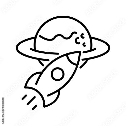 Space travel icon. Science and spaceflight line symbol. Black and white.
