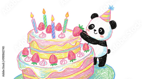 Panda decorates birthday cake.
