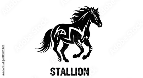 Majestic Black Stallion Silhouette with Tribal Markings, Running Free