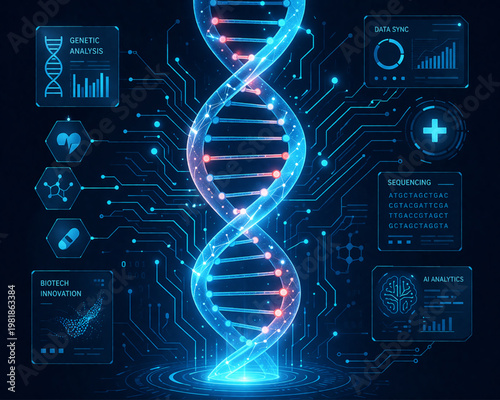Futuristic DNA helix and biotechnology circuit board illustration depicting advanced genetic analysis and scientific innovation