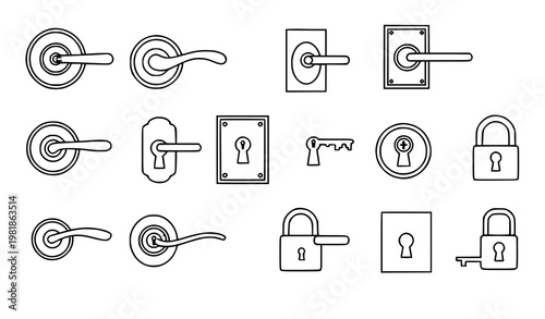 Door handle line icon set lock knob vector collection