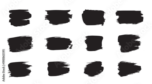 Black grunge brush stroke texture set. Rough paint smears and distressed ink marks. Vector design elements.