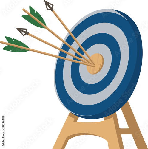 A blue and white target board with several arrows clustered near the center representing success