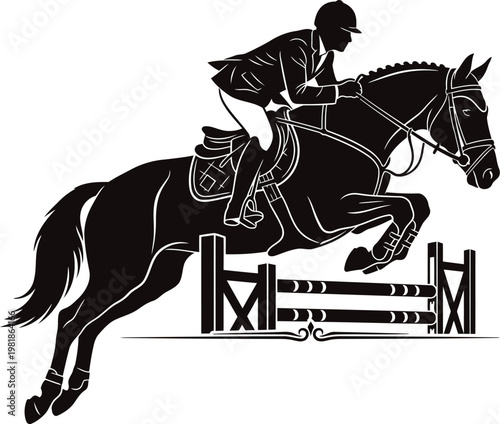 A silhouette of a horse and rider performing a successful show jumping leap over an obstacle