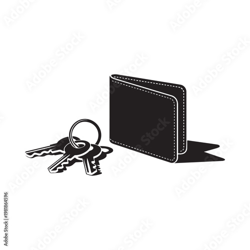 Black and white illustration of keys and a wallet simple graphic design