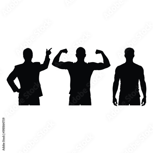 Three confident male silhouettes showcasing various poses on white background for business and fitness concepts