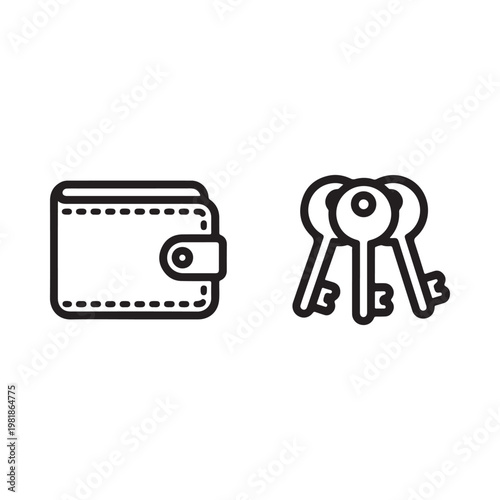 Simple black and white illustration of a wallet and a set of keys