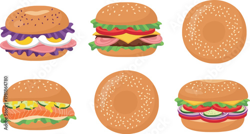 Assorted Burgers with Various Fillings and Toppings for Food, Restaurant, and Fast Food Graphic Design Elements