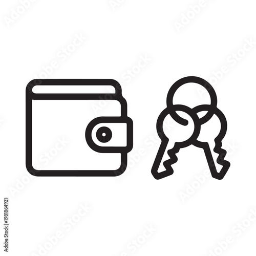 Simple line drawing depicting a wallet and a set of keys isolated on white