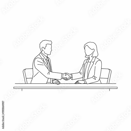 Minimalist line art of job interview handshake between recruiter and candidate for human resources