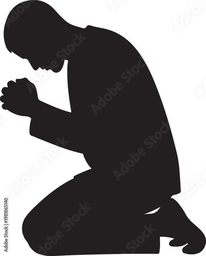 Man Praying Silhouette, Religious Black Vector Isolated on White Background.