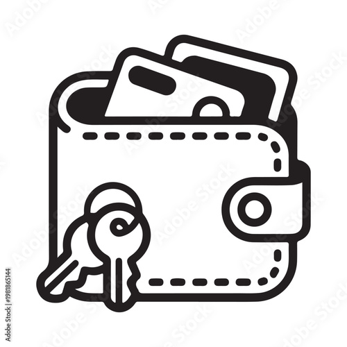 A black and white line drawing of a wallet with money and keys inside