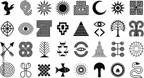 Collection of ancient geometric symbols and representing nature and abstract concepts