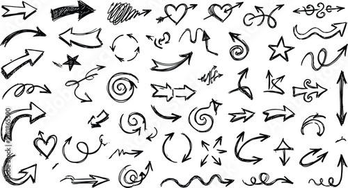 Set of black hand drawn arrows and hearts with scribble design elements.