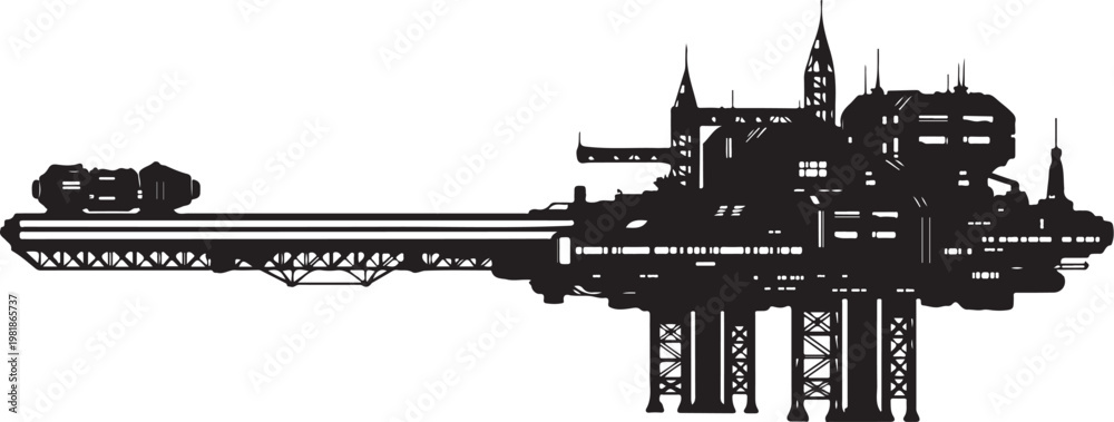 Obraz premium Futuristic cityscape, sci-fi metropolis, industrial skyline, vector illustration