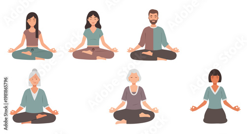 Set of 6 diverse people meditating in lotus pose vector