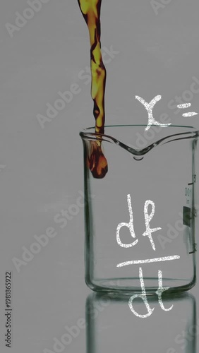 Beaker receiving amber droplet, overflowing with swirl, chalk df or dt overlay illustrating chemistr