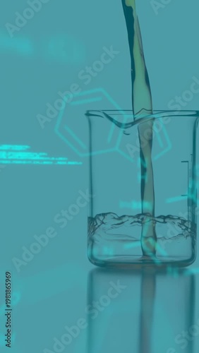 Single droplet elongating into stream, entering beaker and rising, showing chemistry with cyan code