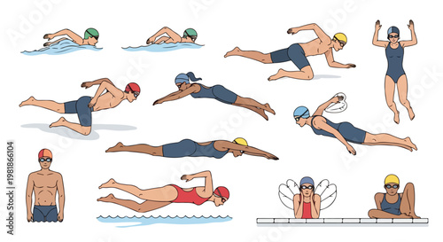 Set of 12 Diverse Swimmers and Swimming Poses Vector Illustration