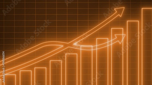 Neon upward bar chart with growth arrows animation