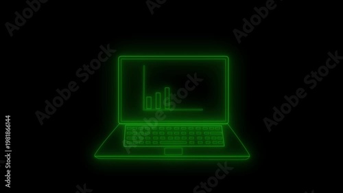 Glowing laptop with bar graph on screen animation