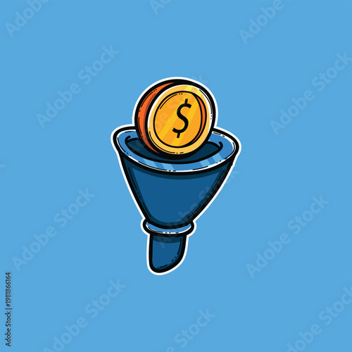 Sales Funnel With Coin Icon Representing Money, Revenue, Conversion and Business Growth Illustration