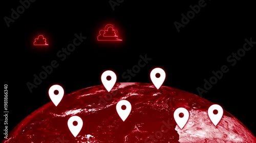 Digital map with location markers and clouds animation