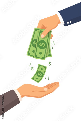 Business transaction concept showing hand giving money to another hand, cash payment exchange, financial deal, bribery or investment idea, wealth transfer, income and expense vector illustration.