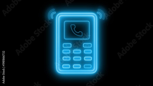 Neon glowing mobile phone icon animation on black background