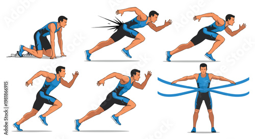 Set of 6 Male Runner Sprinting Animation Sequence Vector